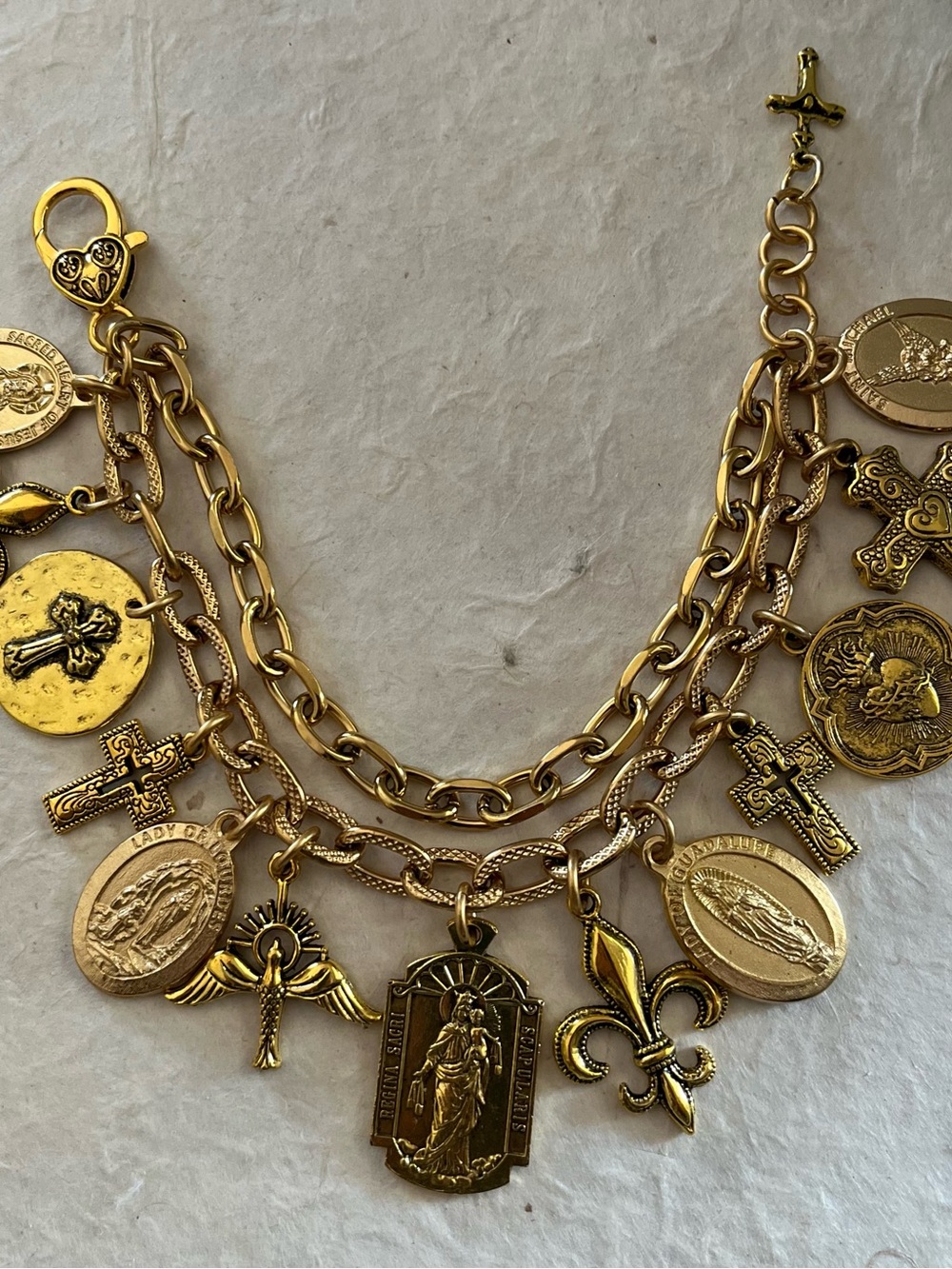 Catholic Saints and Crosses Charm Bracelet, Gold Tone Medals - Picture 12 of 12